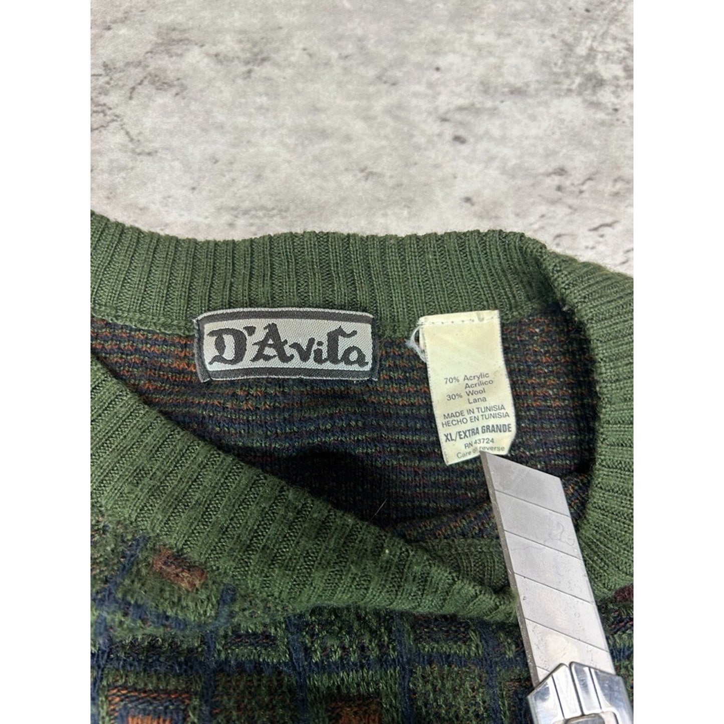 Vintage 90s D'Avila Abstract Checkered Pattern Pullover Knit Sweater Size XL