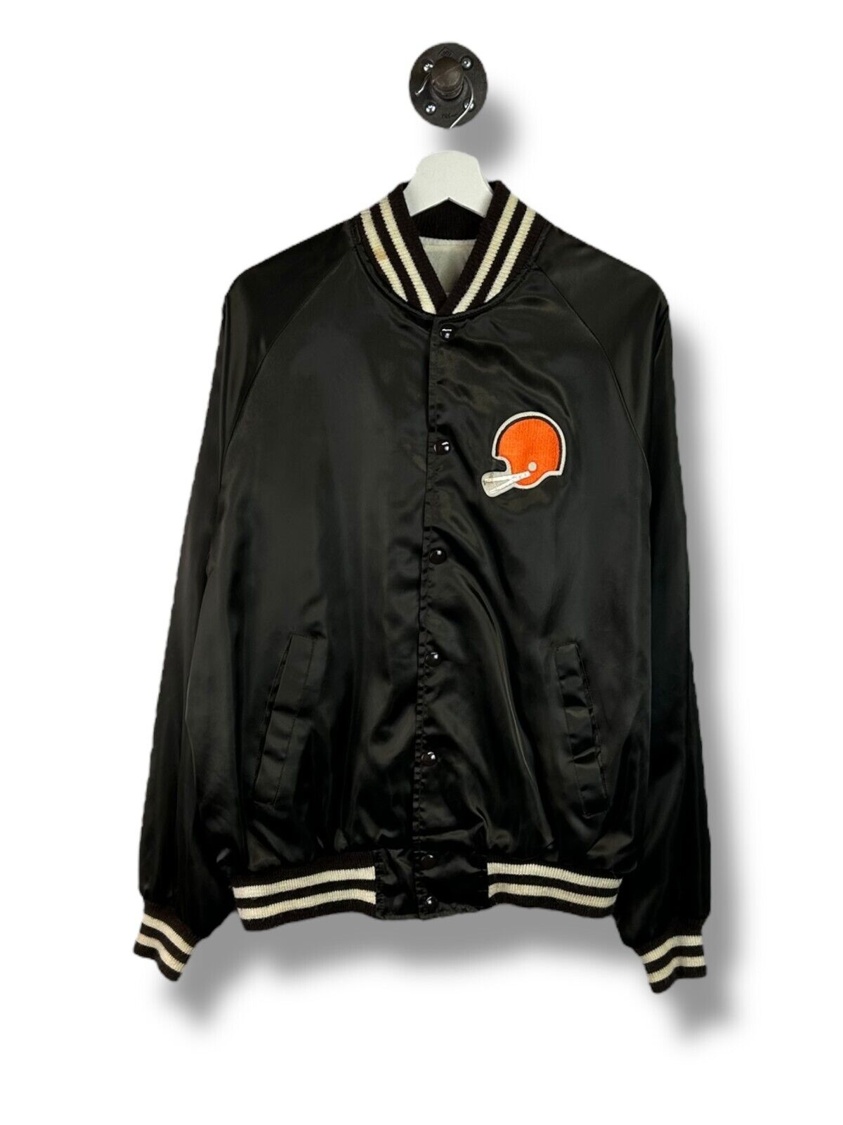 Vintage 80s Cleveland Browns NFL Satin Varsity Football Bomber Jacket Size Large