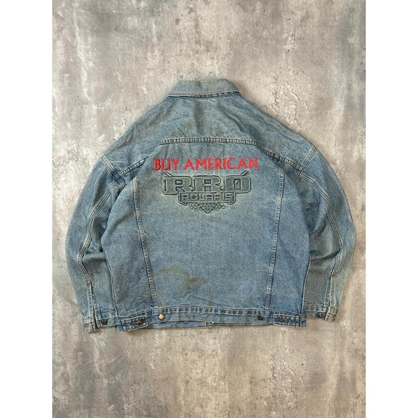 Vintage 90s Pro Polaris Embroidered Spellout Light Wash Denim Jacket Size XL