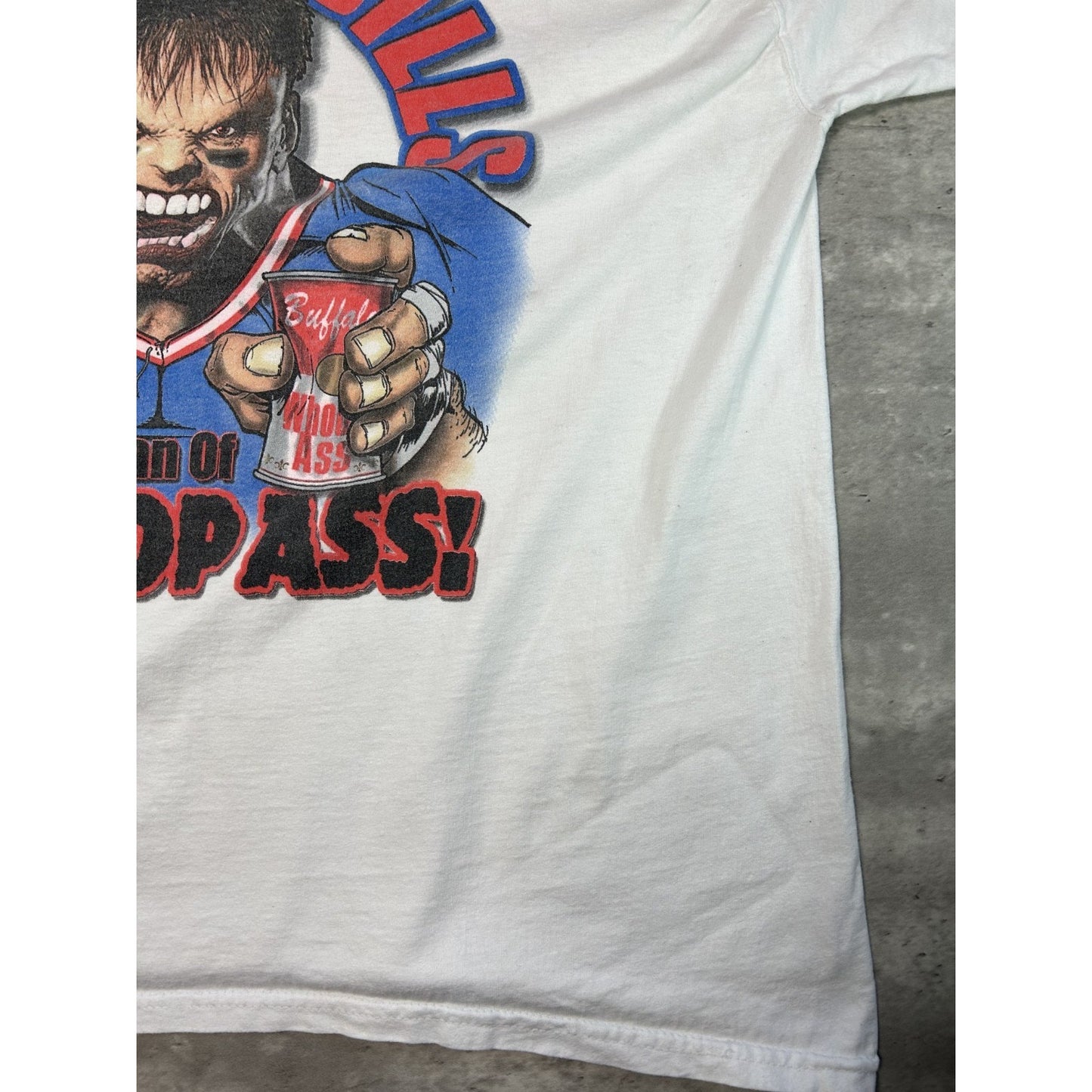 Vintage 90s Buffalo Bills NFL Open Up A Can Of Whoop Ass Cartoon T-Shirt Size XL