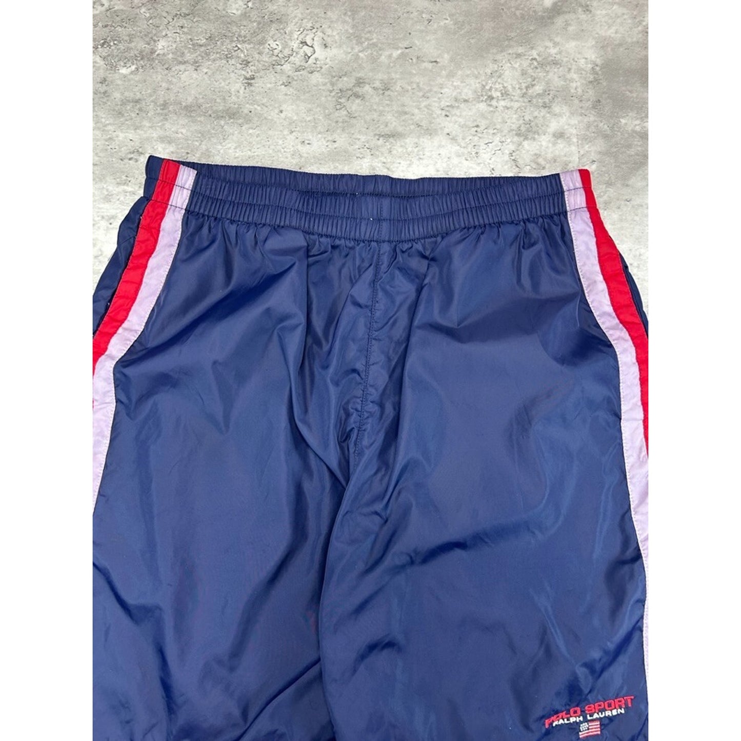 Vintage 90s Polo Ralph Lauren Embroidered Spellout Nylon Shorts Size Large Blue