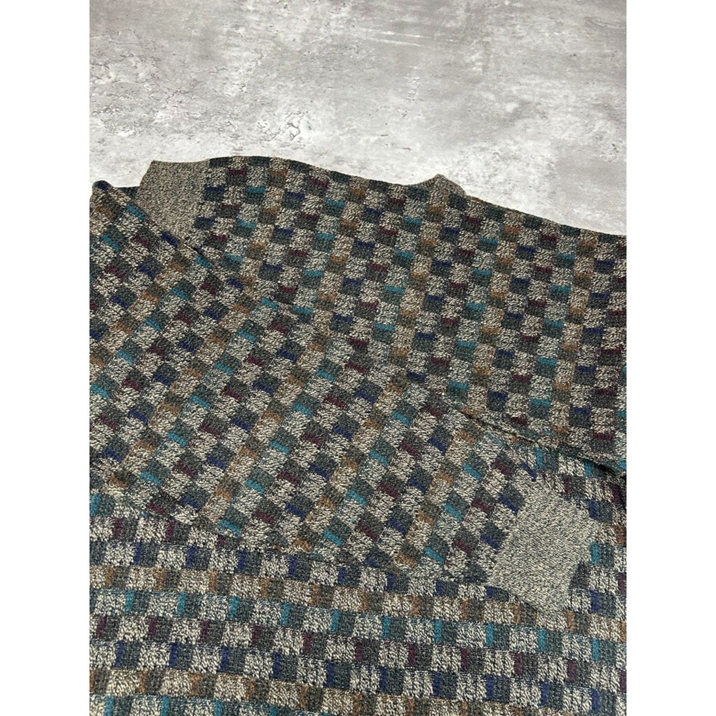 Vintage 90s Geoffrey Beene Checkered Print Earth Tone Knit Sweater Size Large