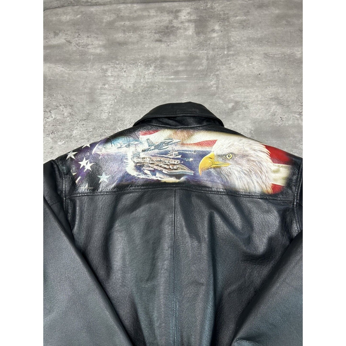 Vintage US Navy American Flag Bald Eagle Graphic Leather Bomber Jacket Size Medium