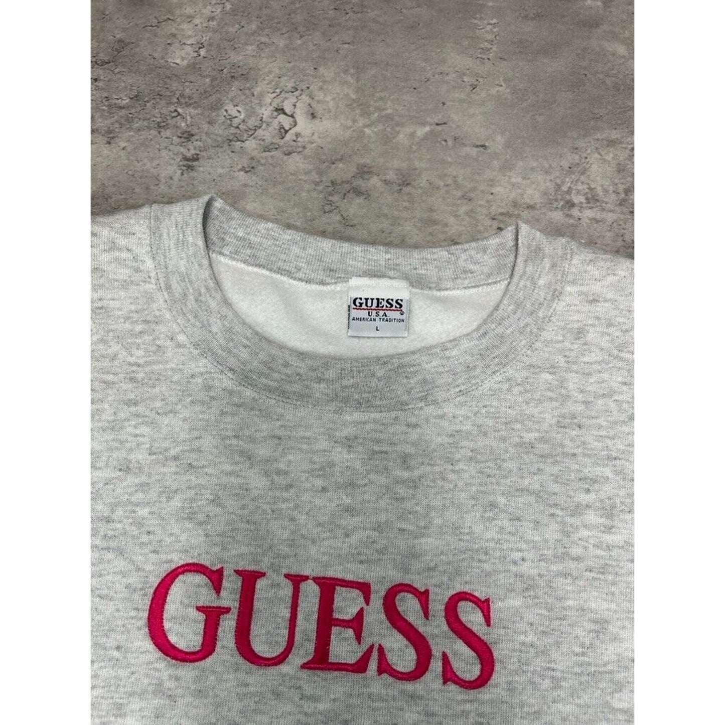Vintage 90s Guess Embroidered Spell Out Pullover Sweatshirt Size Large Gray