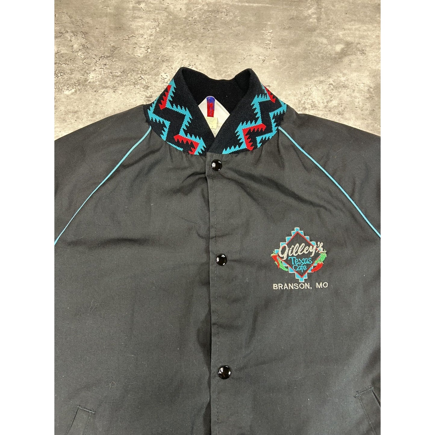 Vintage 80s Gilleys Texas Cafe Aztec Print Cropped Light Jacket Size Large