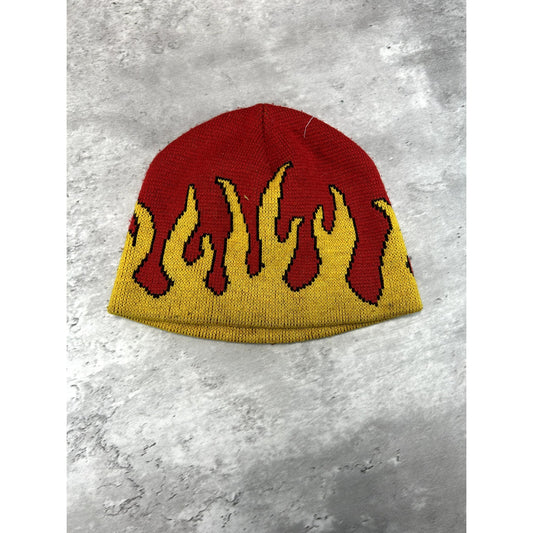 Vintage Y2K 2000s Flame Graphic Two Tone Beanie Hat OSFA Yellow/Red