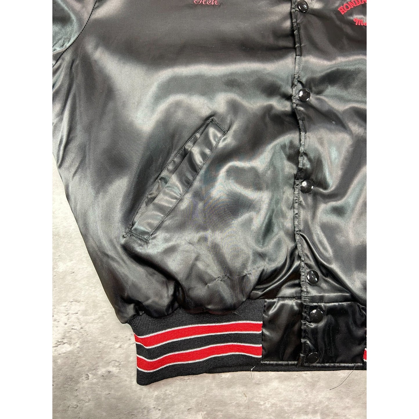 Vintage 80s Honda Of America Embroidered Satin Bomber Jacket Size Large Black