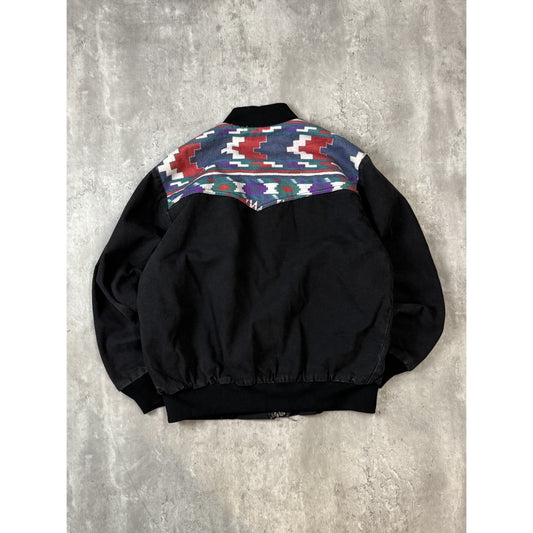 Vintage 80s Saddle King Western Aztec Full Zip Bomber Jacket Size XL Black