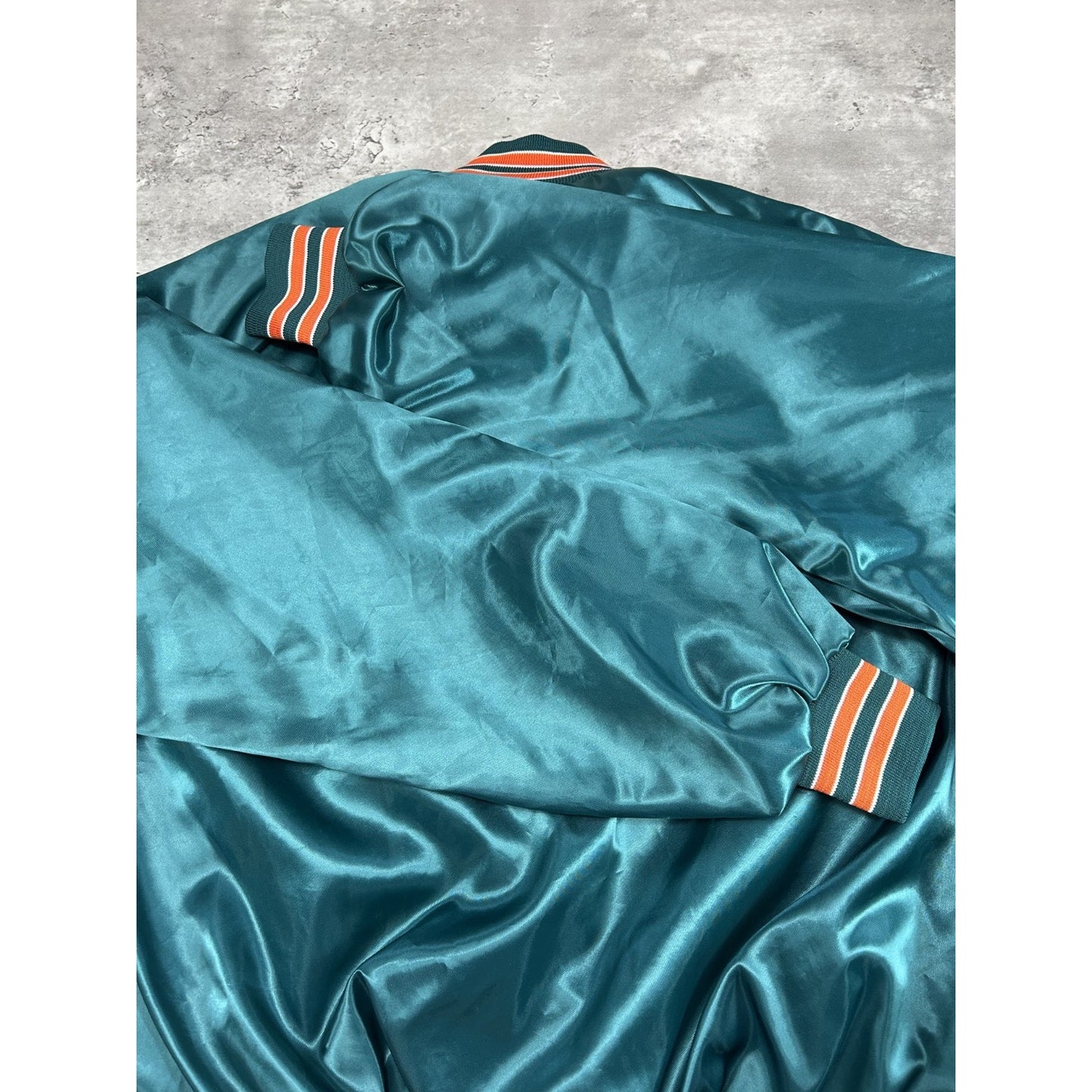 Vintage 80s Miami Dolphins NFL Satin Chalk Line Bomber Jacket Size XL