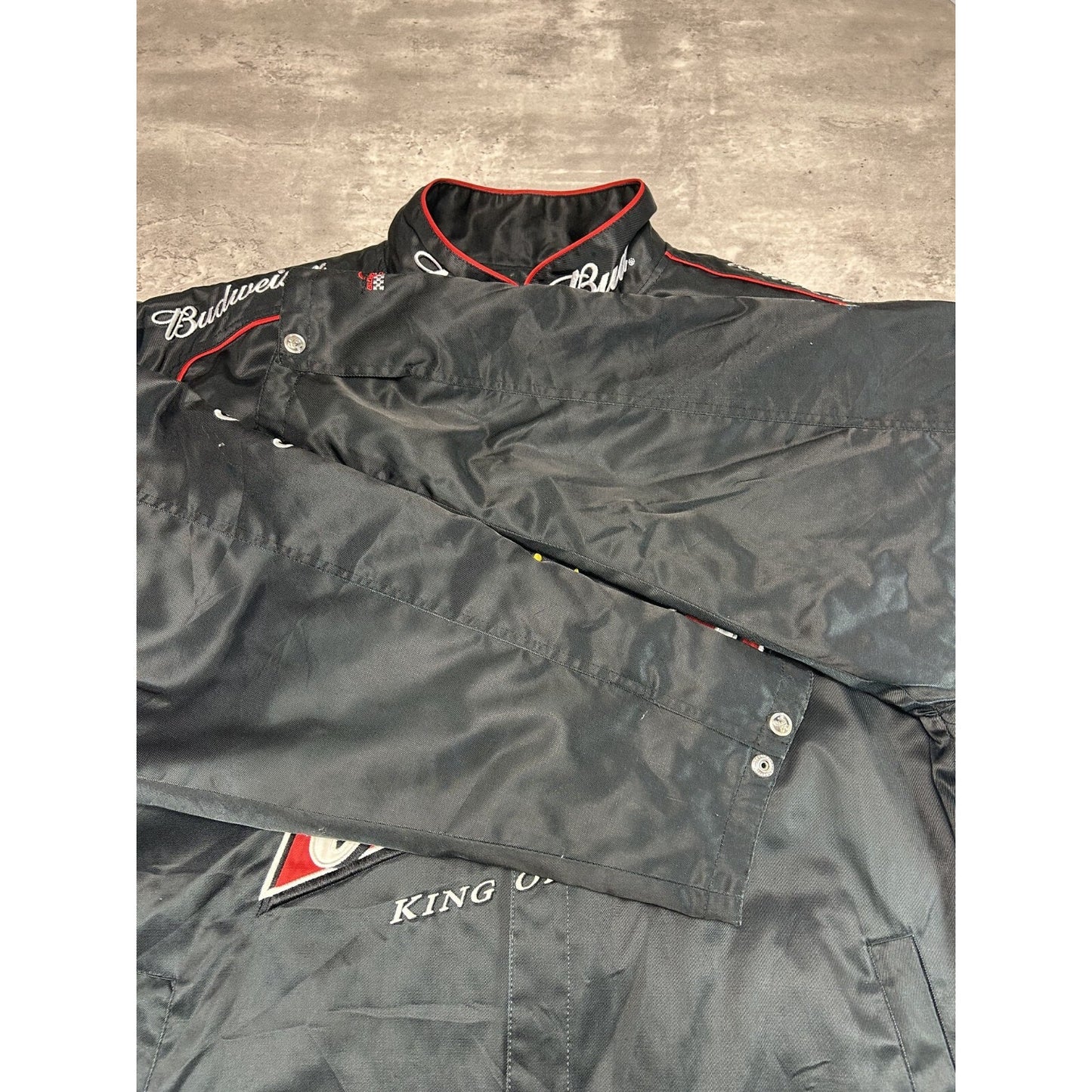 Vintage Nascar Budweiser King Of Beers Embroidered Racing Jacket Size 3XL Black