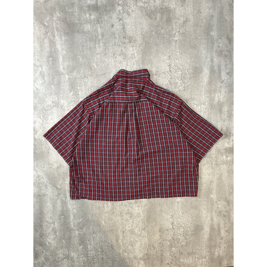 Vintage Plaid Single Pocket Short Sleeve Cropped Button Up Shirt Size 2XL