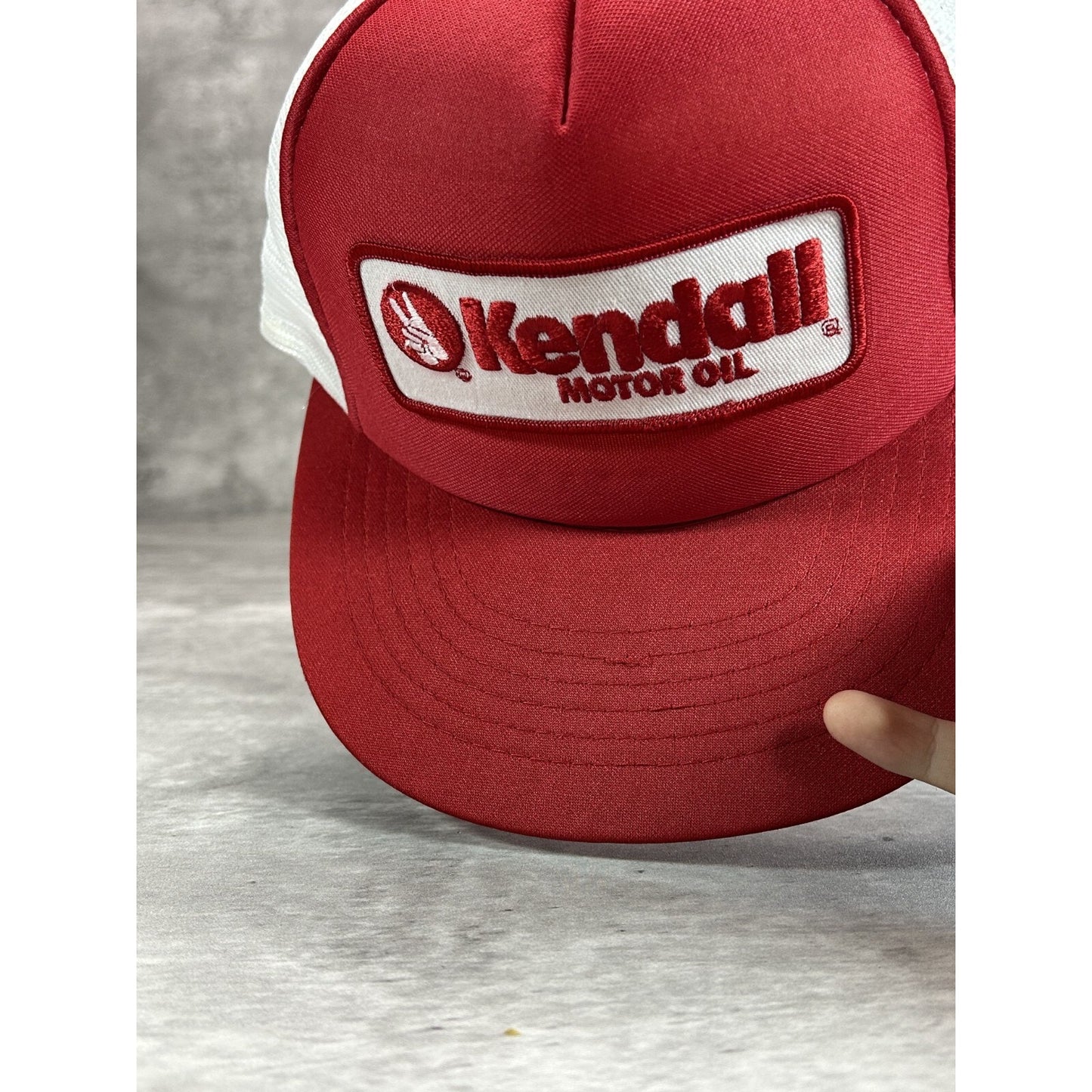 Vintage 1980s Kendall Motor Oil Embroidered Patch Trucker Snapback Hat OSFA Red