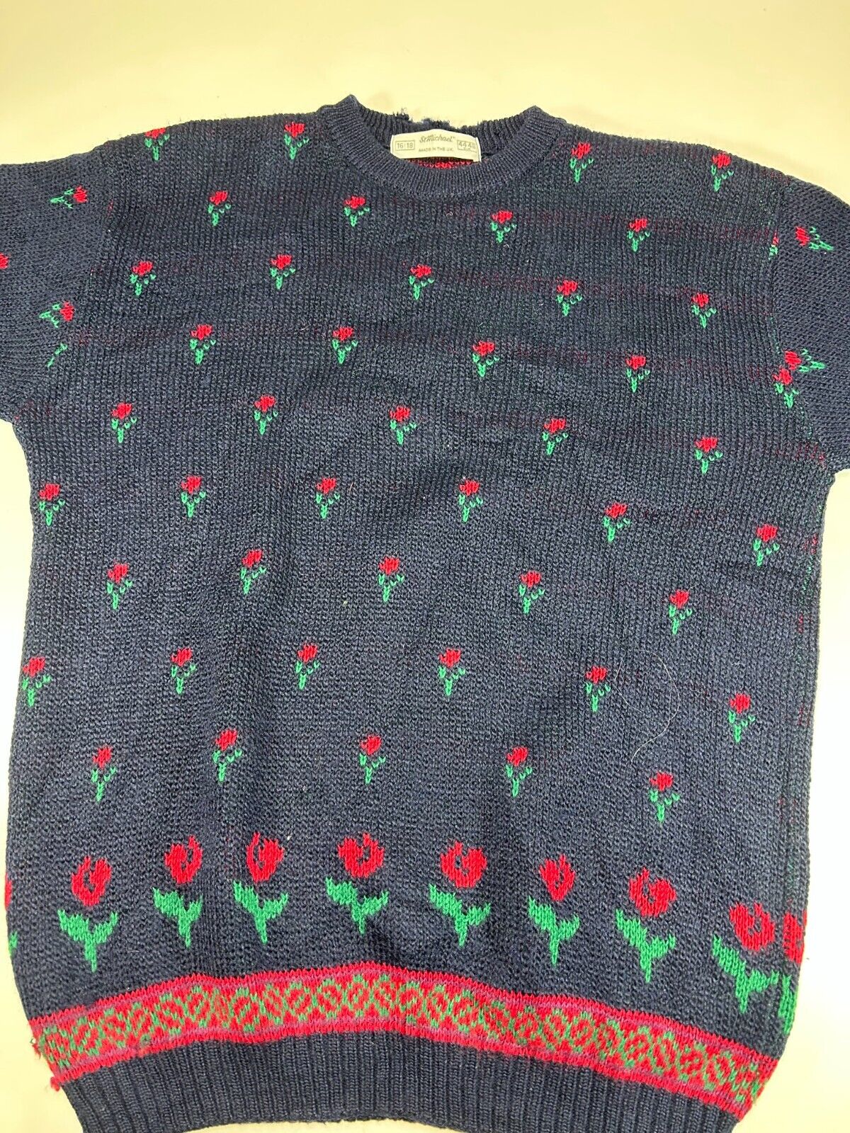 Vintage 90s St Michael Floral Print Pullover Ribbed Knit Sweater Size Large