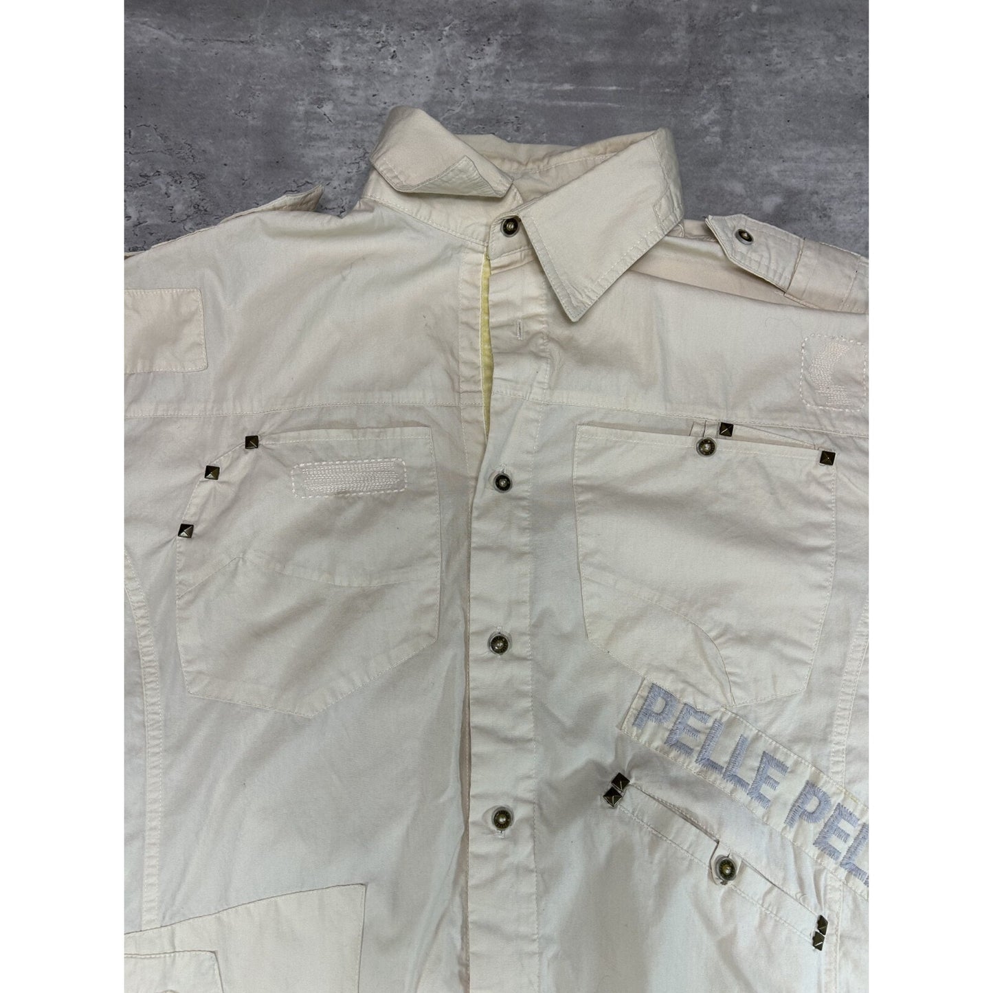 Vintage Y2K Pelle Pelle Spellout Long Sleeve Button Up Shirt Size XL Beige