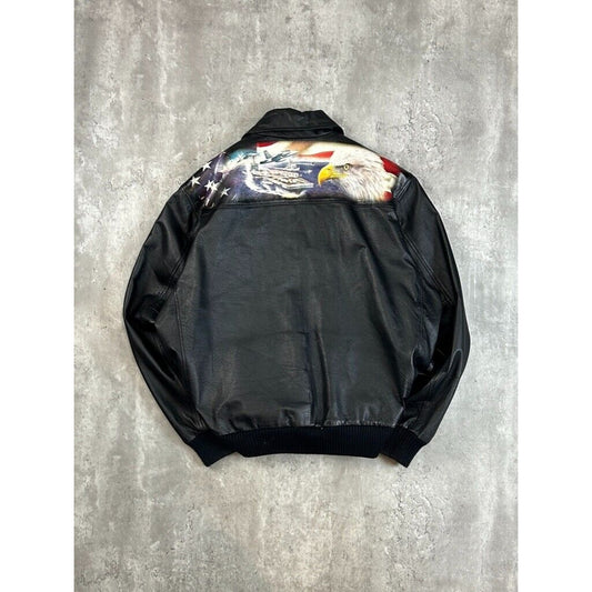 Vintage US Navy American Flag Bald Eagle Graphic Leather Bomber Jacket Size Medium