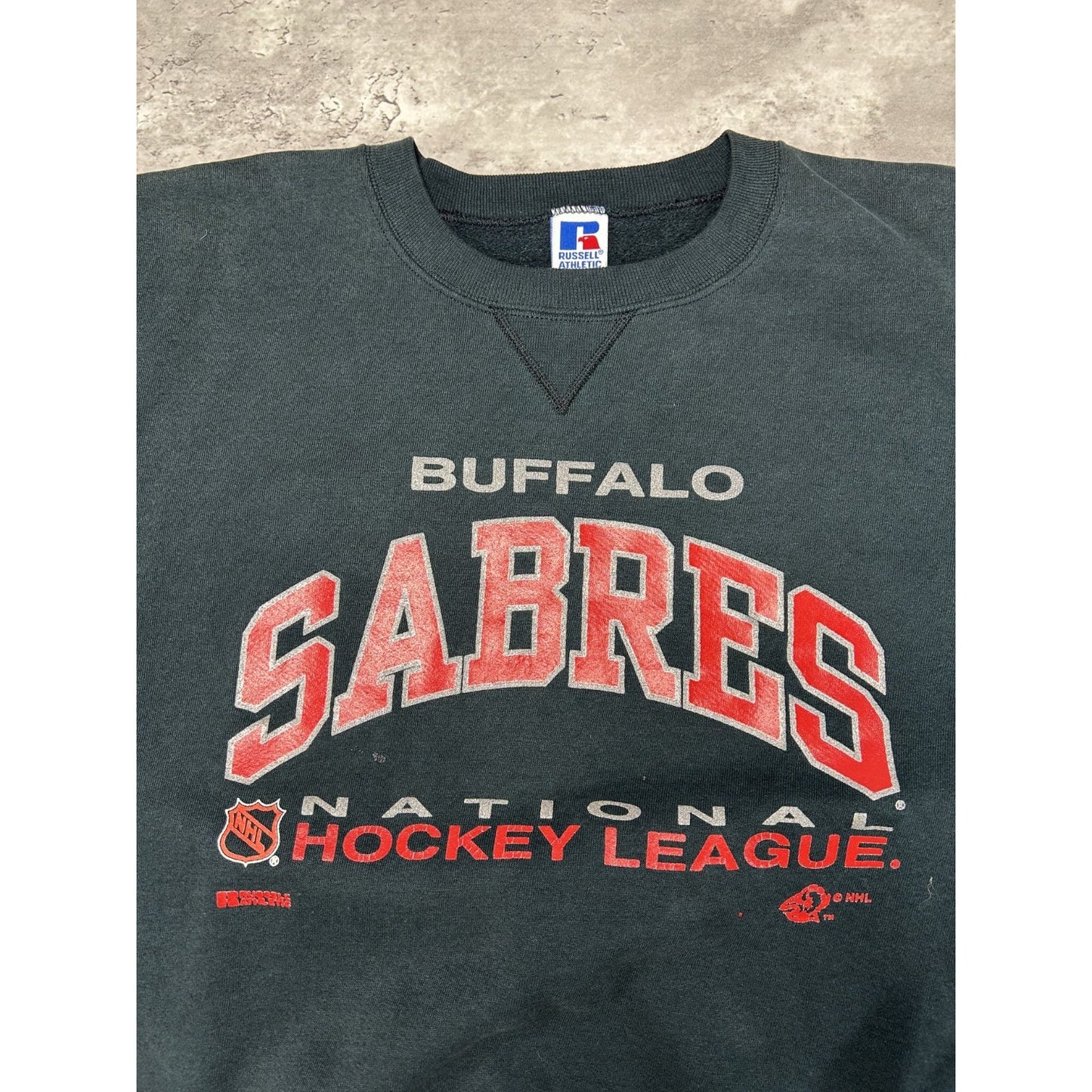 Vintage 90s Buffalo Sabres NHL Graphic Spellout Hockey Sweatshirt Size 2XL