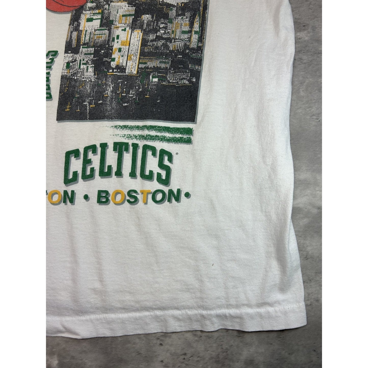 Vintage 90s Boston Celtics NBA All Over Print Basketball T-Shirt Size 2XL