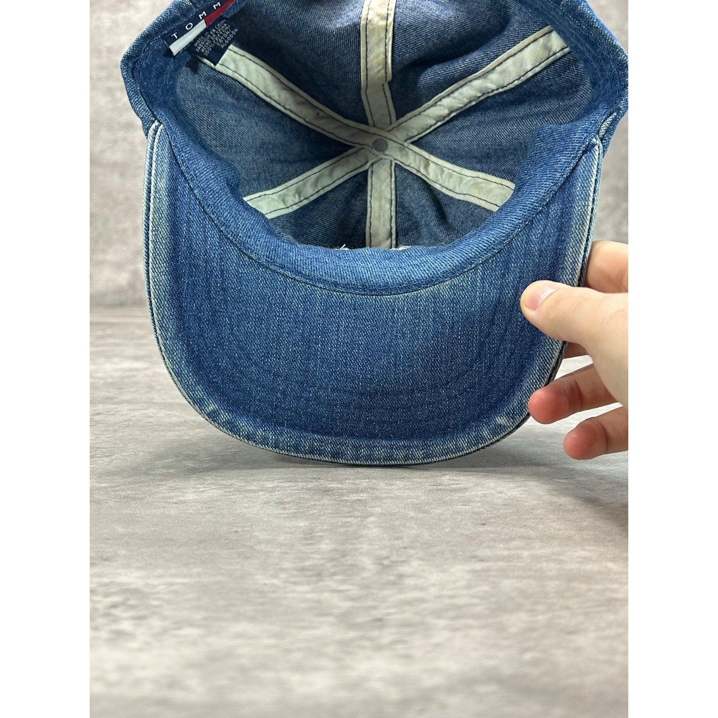 Vintage 90s Tommy Jeans Dark Wash Denim Embroidered Patch Strapback Hat OSFA