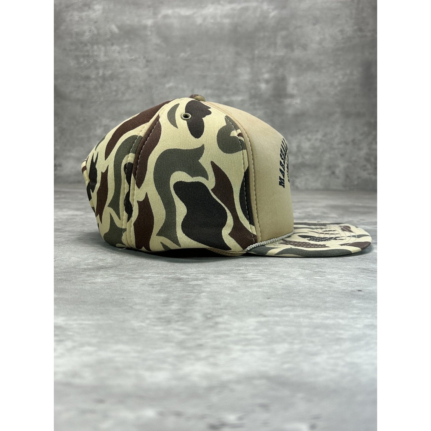 Vintage 80s Marshall County Tire Duck Camo Graphic Snapback Hat OSFA Beige