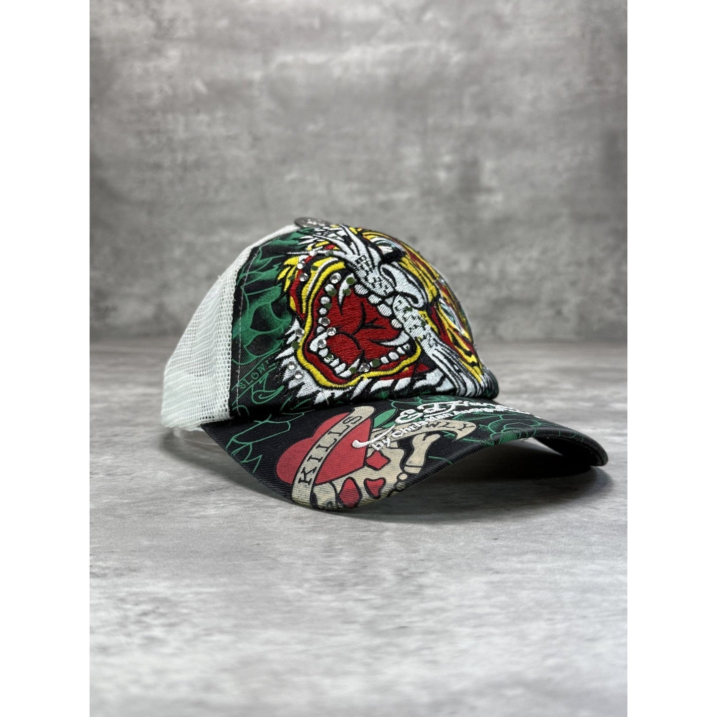 Vintage Y2K Ed Hardy Bedazzled Tiger Graphic Trucker Snapback Hat OSFA
