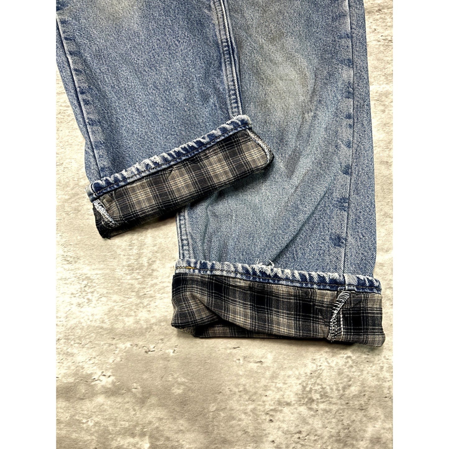Vintage Carhartt Relaxed Fit Plaid Lined Light Wash Denim Pants Size 34W Blue