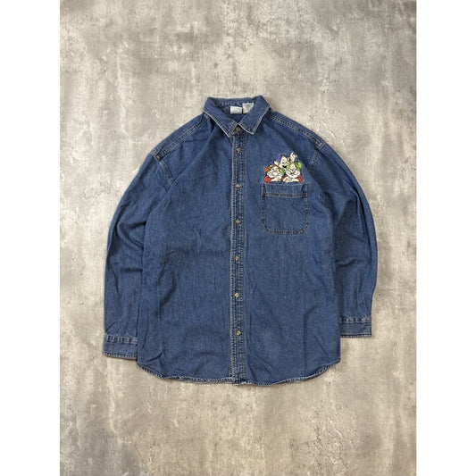 VTG 90s Disney Seven Dwarves Dark Wash Denim Long Sleeve Button Up Shirt Large