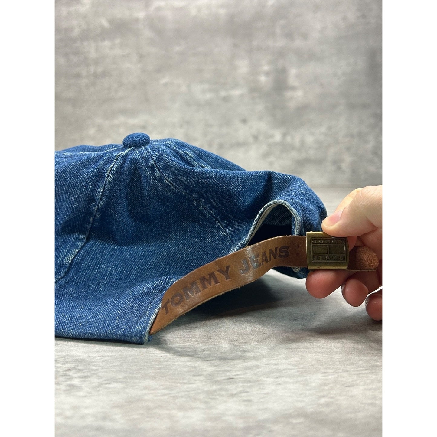Vintage 90s Tommy Jeans Dark Wash Denim Embroidered Patch Strapback Hat OSFA