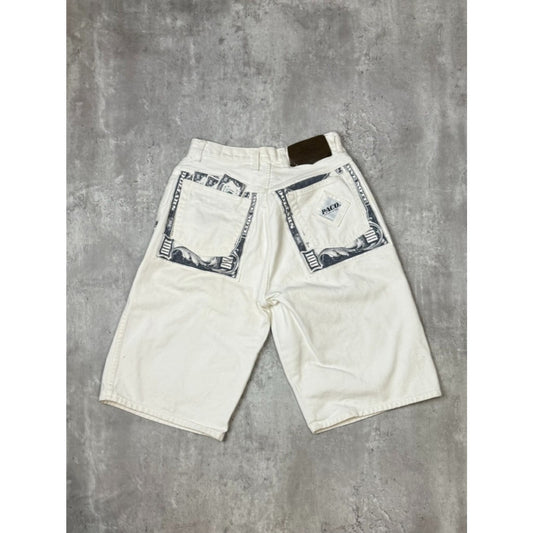 Vintage Y2K Paco Jeans Hundred Dollar Bill Patch Work White Denim Shorts Sz 28