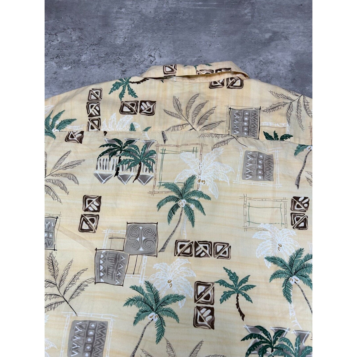 Vintage Palm Tree Pattern Print Short Sleeve Button Up Shirt Size XL Yellow