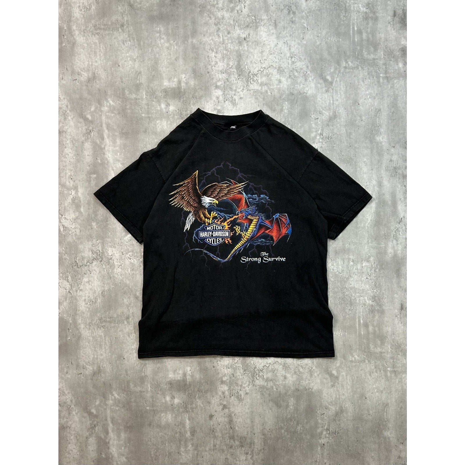 90s Harley Davidson The Strong Survive Bald Eagle Dragon T-Shirt 