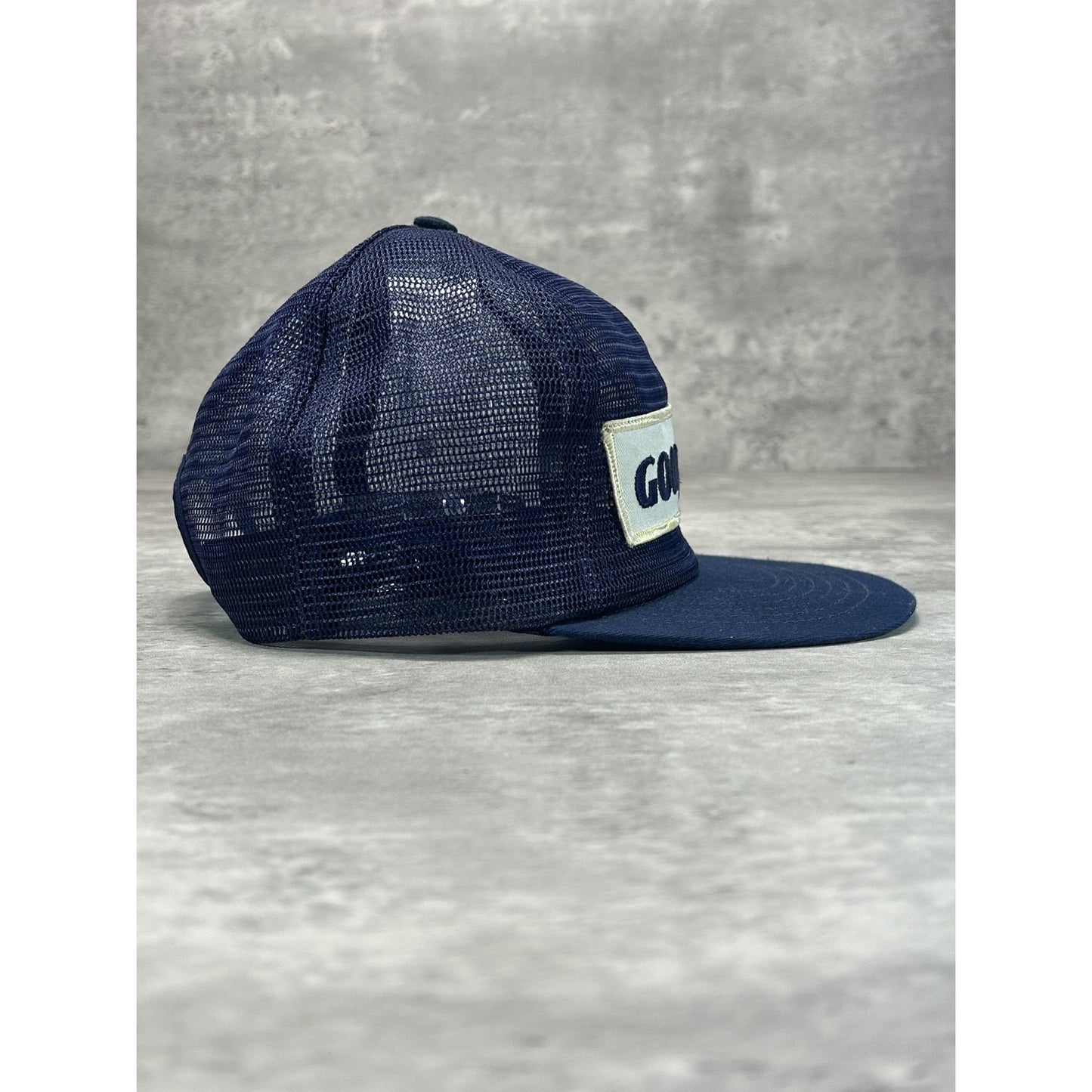 Vintage 80s Goodyear Embroidered Patch Mesh Snapback Hat OSFA Navy Blue
