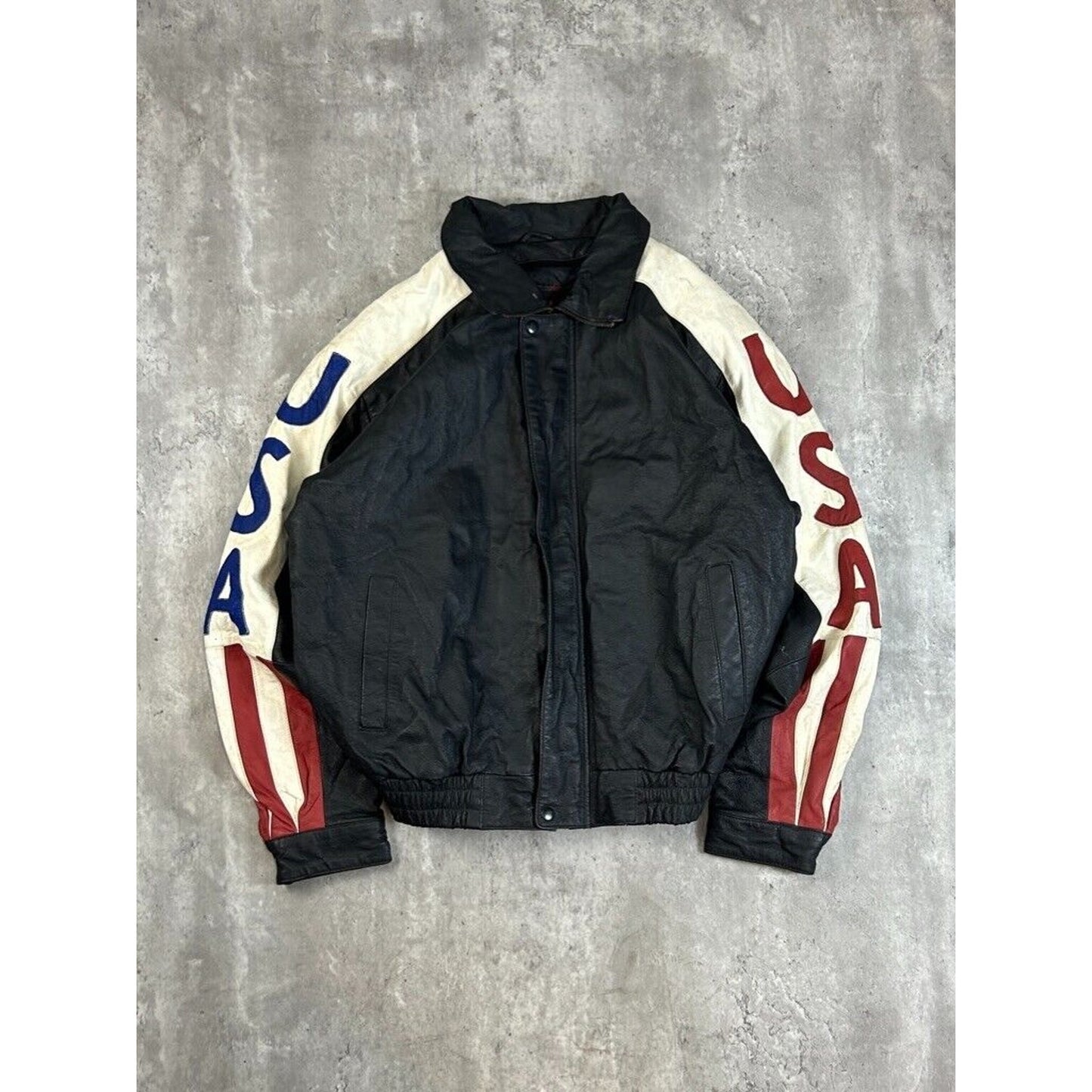 Vintage USA Embroidered Flag Spell Out Leather Bomber Jacket Size Large Black