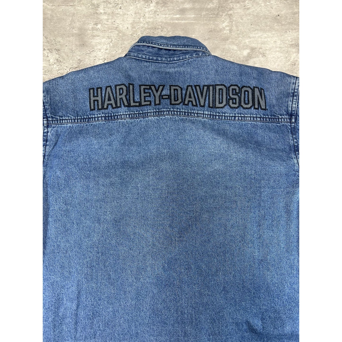 Vintage Y2K Harley Davidson Graphic Logo Denim Button Up Shirt Size Large Blue