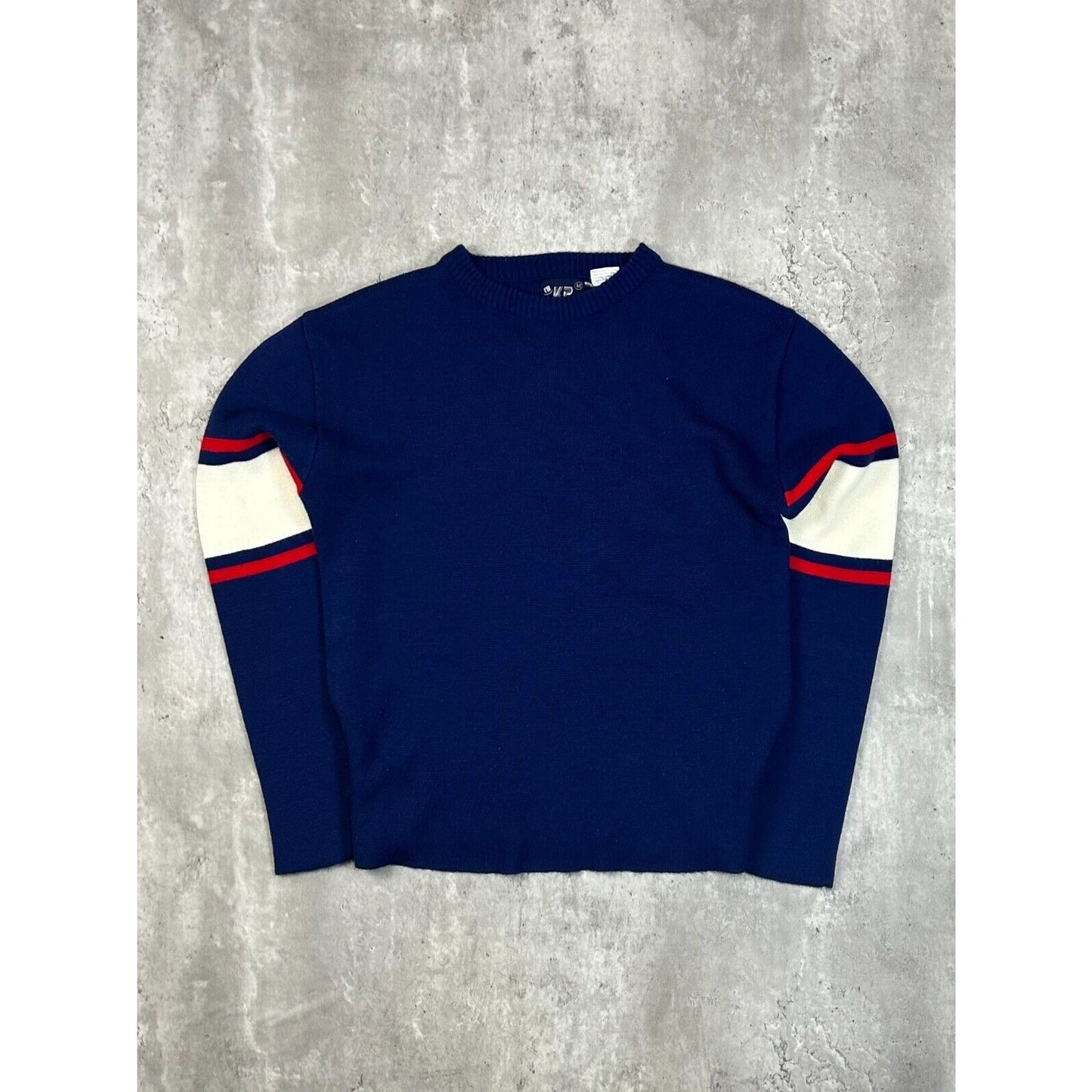 Vintage 90s KP Striped Crewneck Pullover Knit Sweater Size Medium Blue