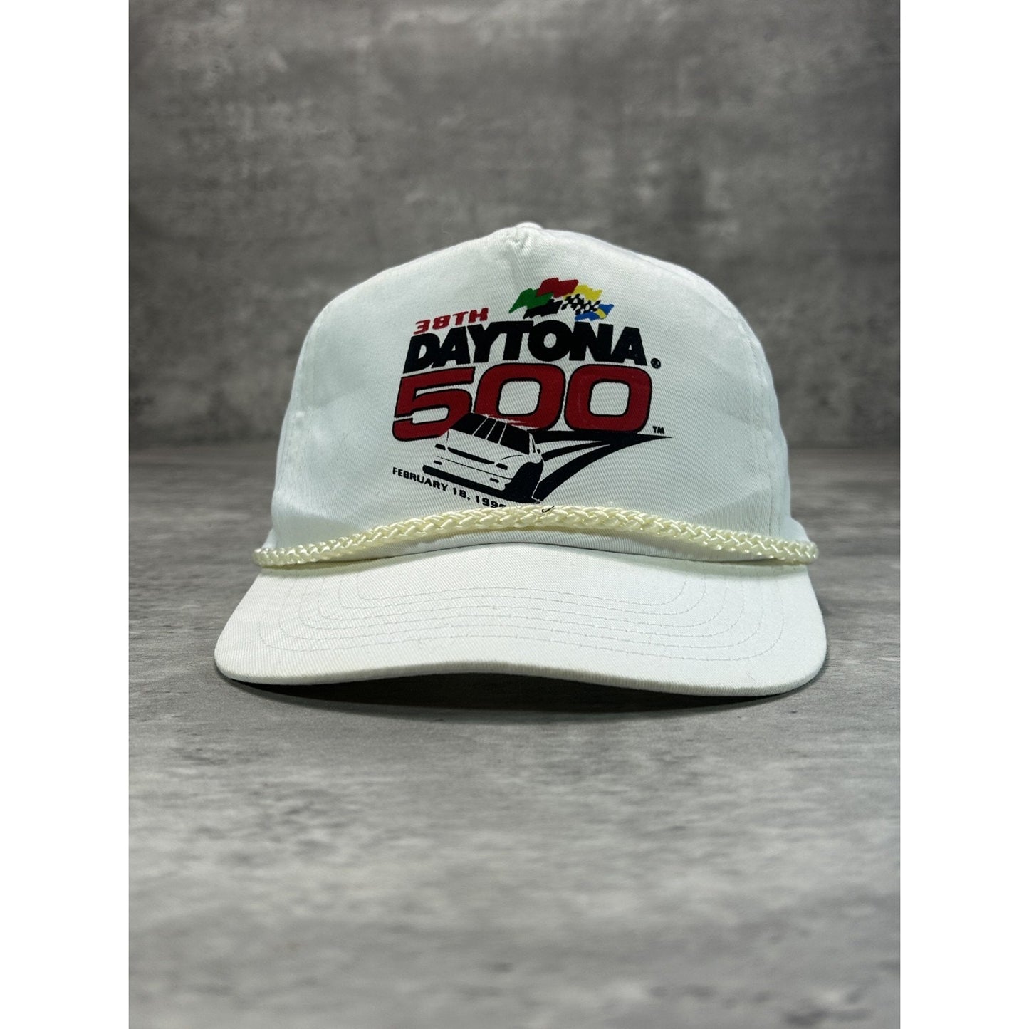 Vintage 1996 Daytona 500 Graphic Spellout Nascar Snapback Hat OSFA White