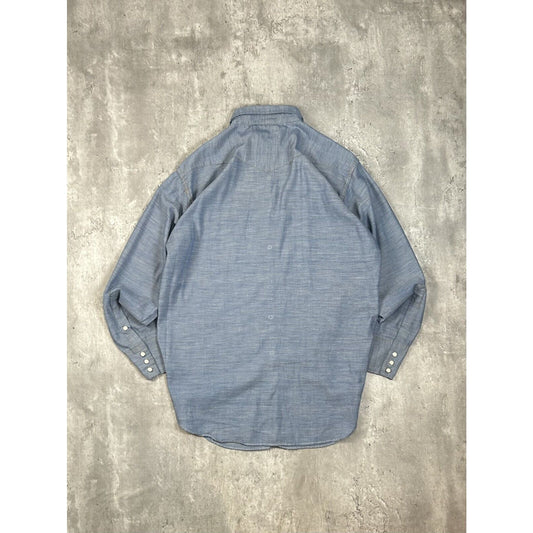 Vintage 1960s Wrangler Sanforized Pearl Snap Button Up Shirt Size Large Blue