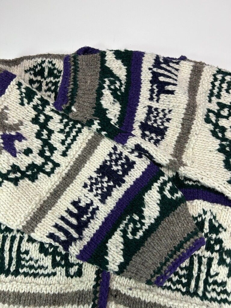 Vintage 80s Rey Wear Abstract Print 100% Wool Pocketed Cardigan Sweater Size Large
