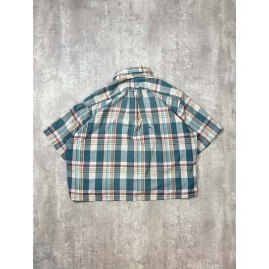 Vintage 80s London Fog Plaid Reworked Cropped Short Sleeve Button Up Shirt Sz L