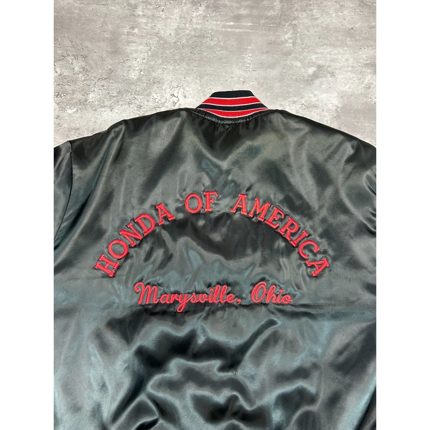 Vintage 80s Honda Of America Embroidered Satin Bomber Jacket Size Large Black