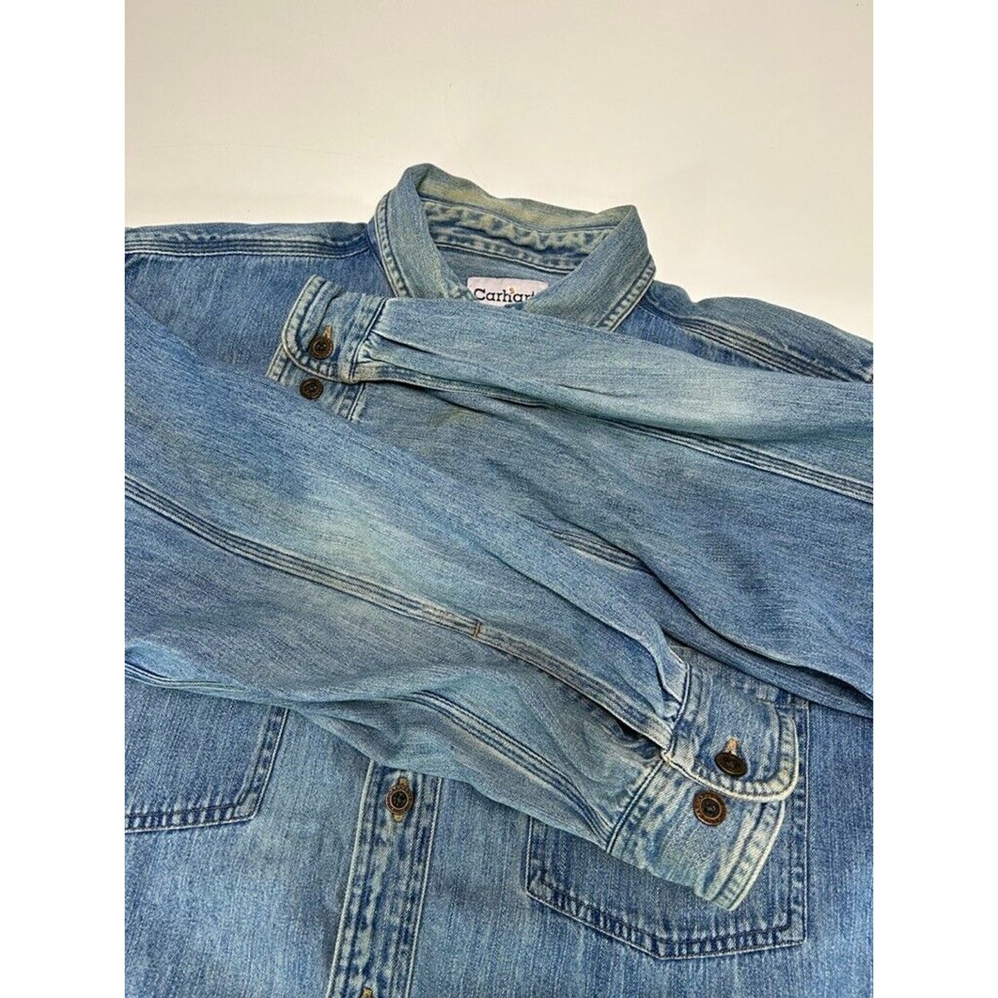 Vintage Carhartt Medium Wash Denim Workwear Button Up Shirt Size Large