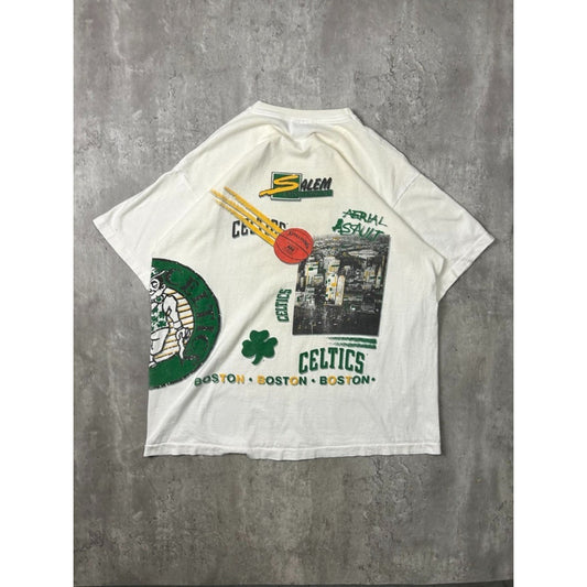 Vintage 90s Boston Celtics NBA All Over Print Basketball T-Shirt Size 2XL