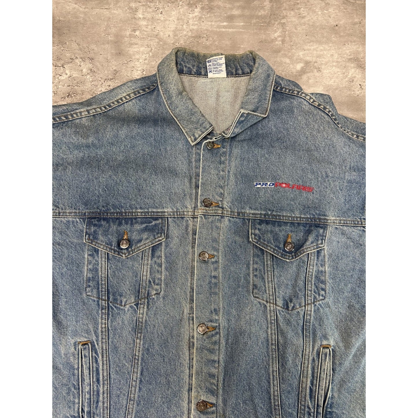 Vintage 90s Pro Polaris Embroidered Spellout Light Wash Denim Jacket Size XL