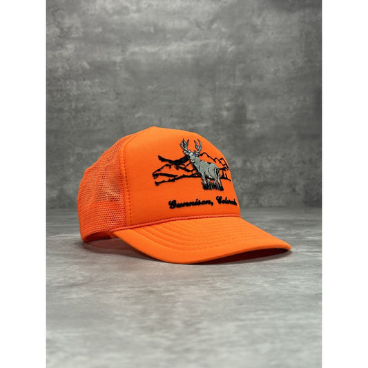 Vintage 80s/90s Gunnison Colorado Deer Graphic Trucker Snapback Hat OSFA Orange