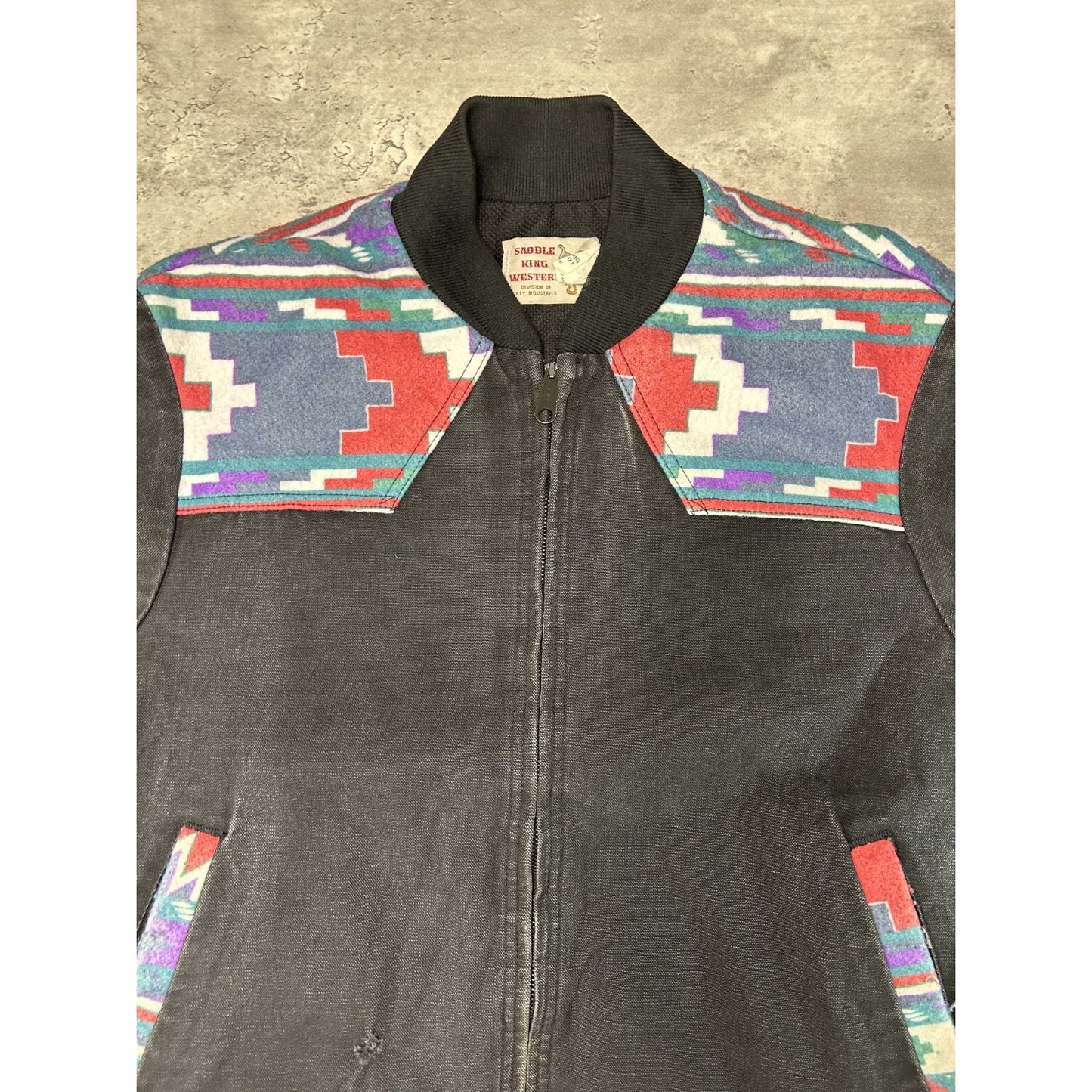 Vintage 80s Saddle King Western Aztec Full Zip Bomber Jacket Size XL Black