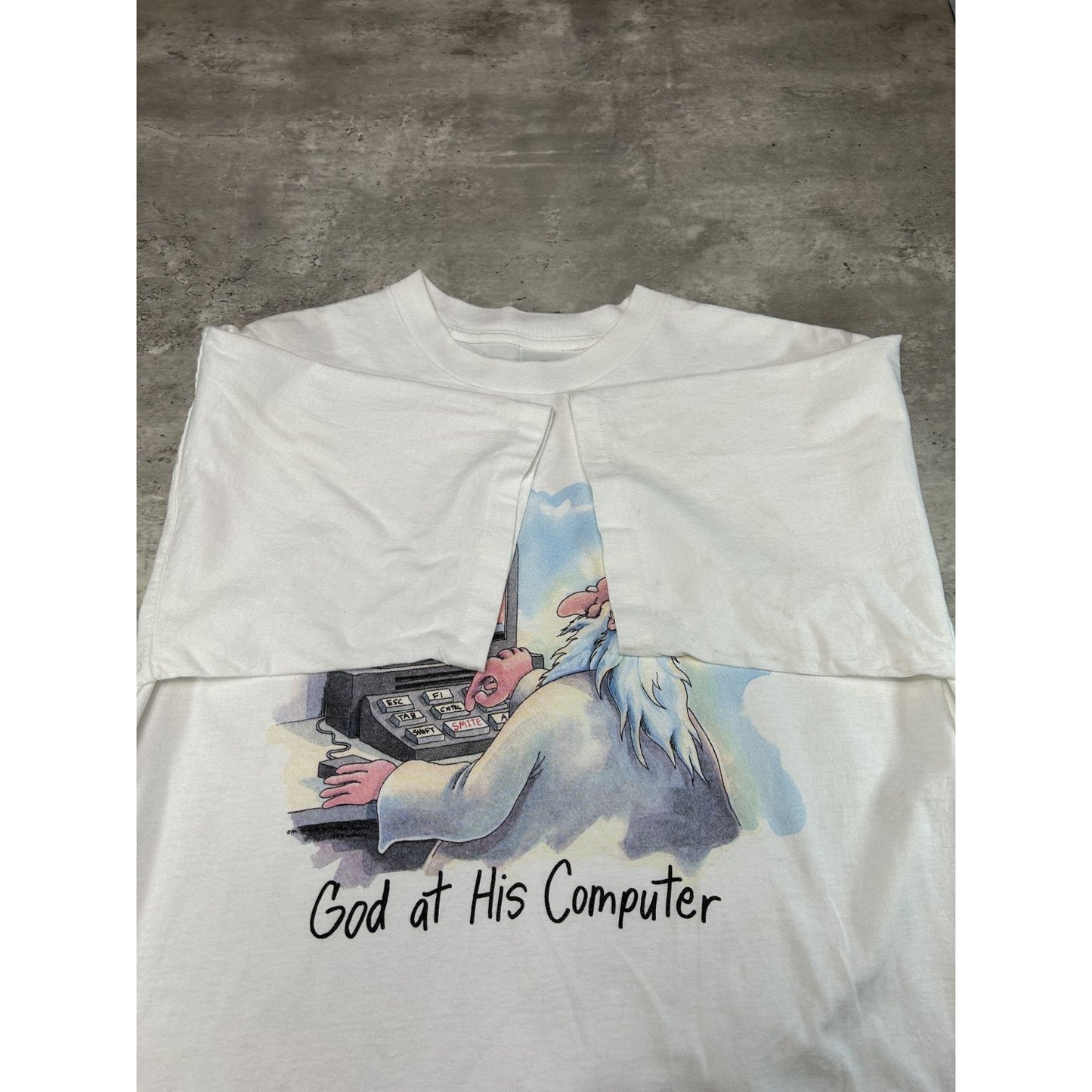 Vintage 90s God At His Computer Comedy Cartoon Graphic T-Shirt Size XL