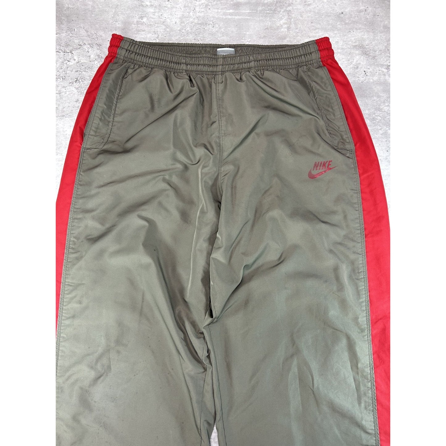 Vintage Y2K Nike Spellout Logo Two Tone Nylon Track Pants Size XL Brown/Red