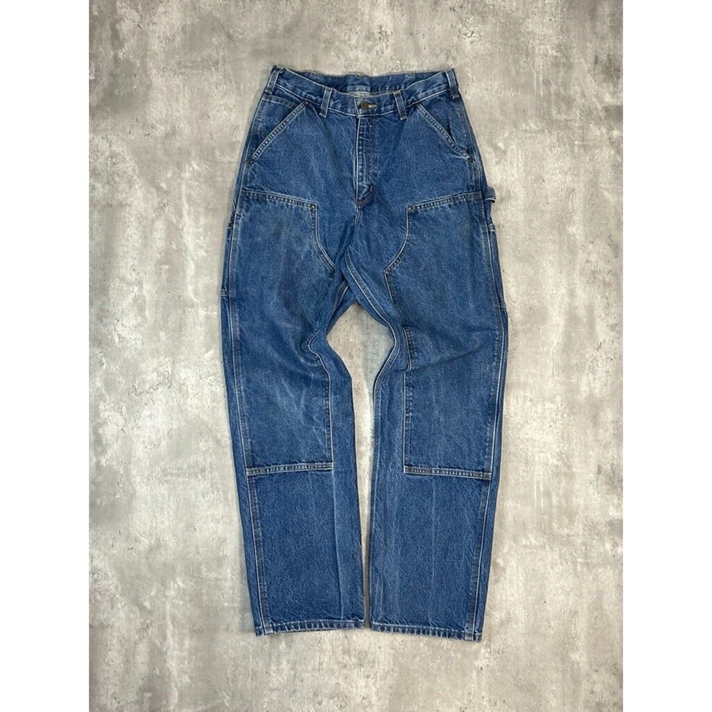 Vintage Carhartt Dark Wash Denim Work Wear Carpenter Double Knee Pants Size 30W