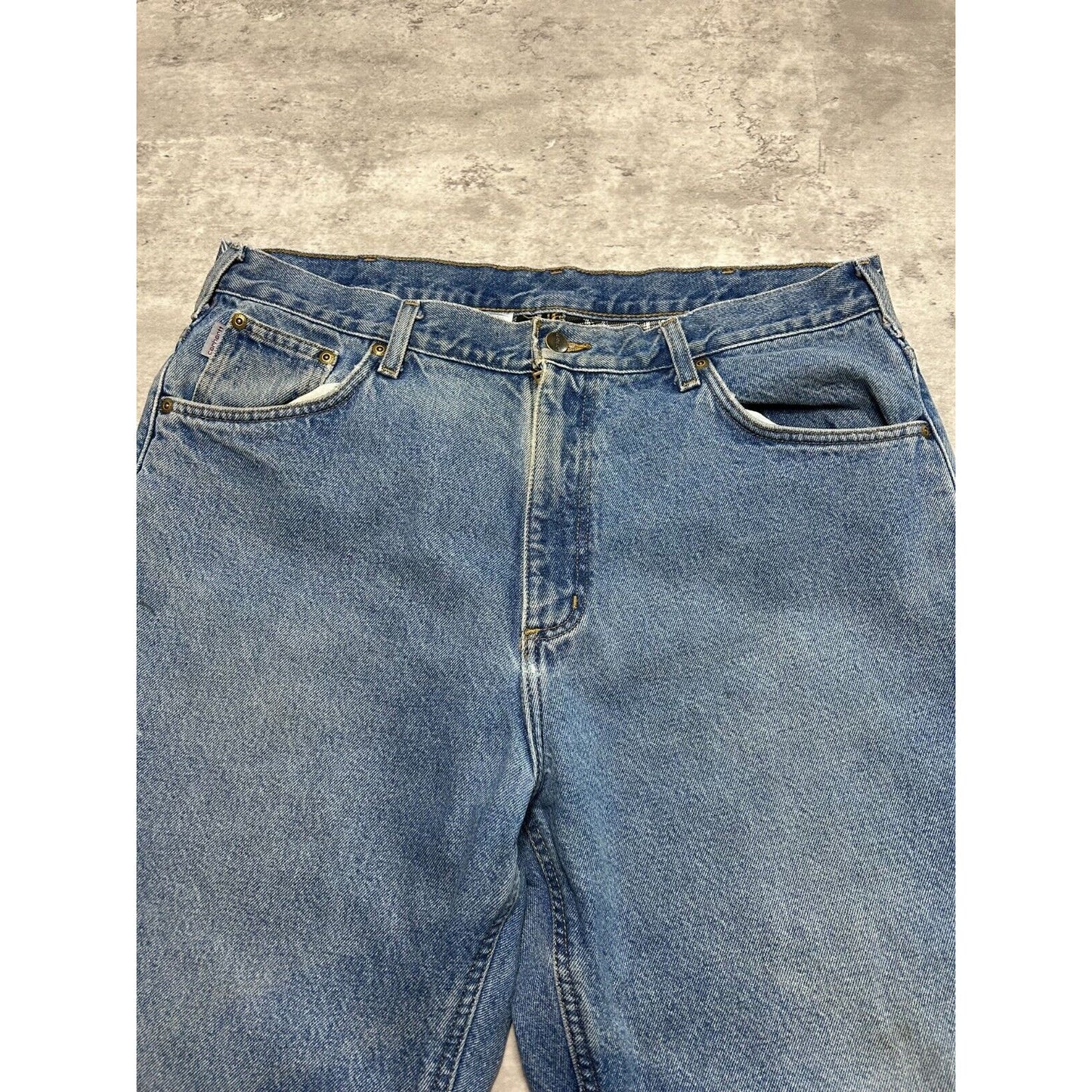 Carhartt Plaid Lined Medium Wash Denim Workwear Pants Size 37