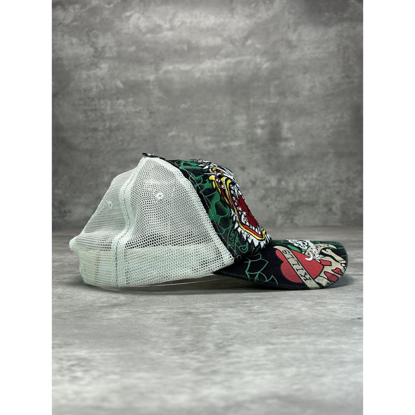 Vintage Y2K Ed Hardy Bedazzled Tiger Graphic Trucker Snapback Hat OSFA