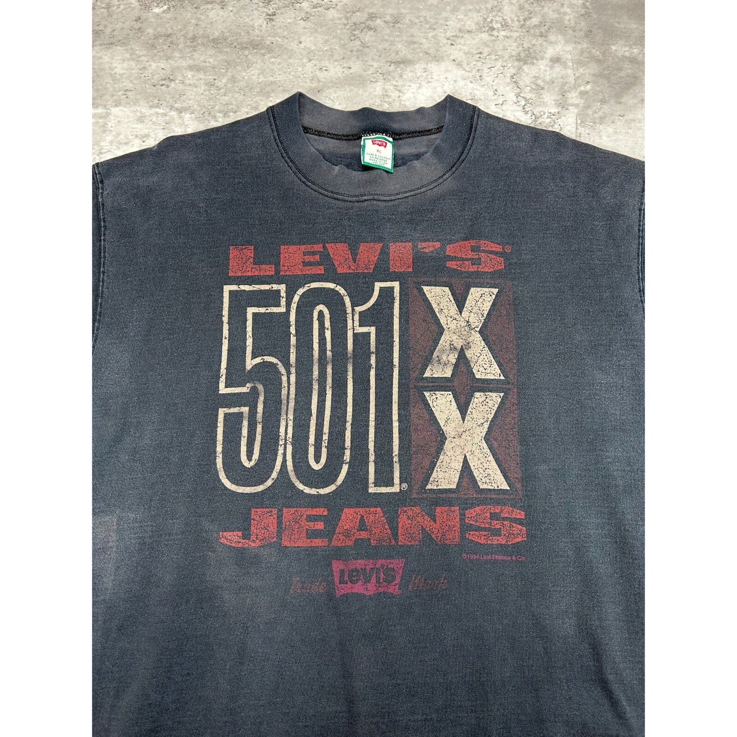 Vintage 1994 Levis Jeans 501 XX Graphic Spellout T-Shirt Size XL Black